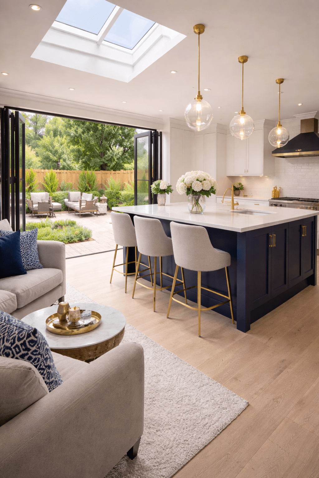 Modern open plan kitchen extension with large island, skylight roof lantern and bifold doors opening to garden in Dorset by POW Property Extensions